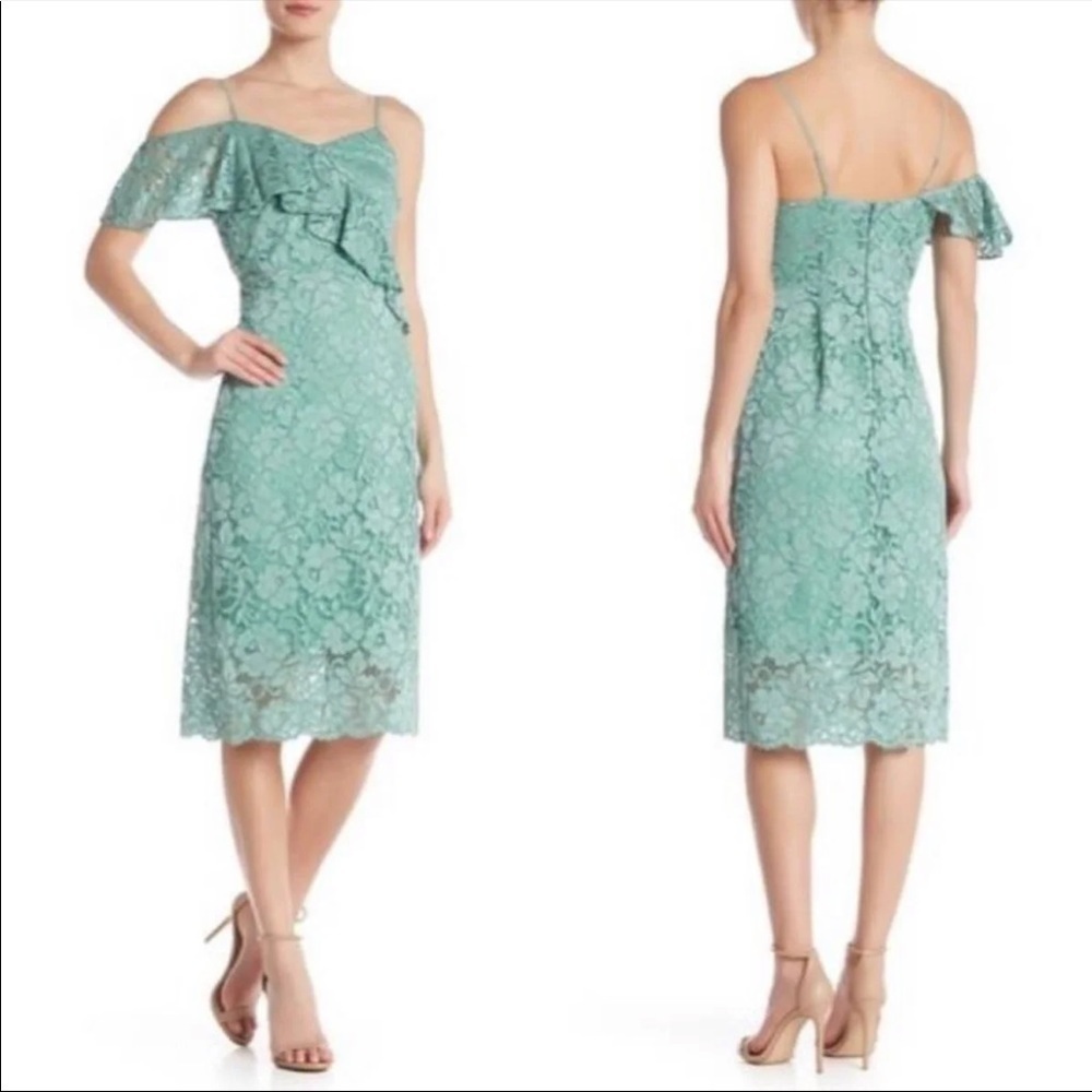 SAM EDELMAN LACE RUFFLE TRIM DRESS.  ONE SHOULDER LACE DROP SLEEVE SIZE 12 green